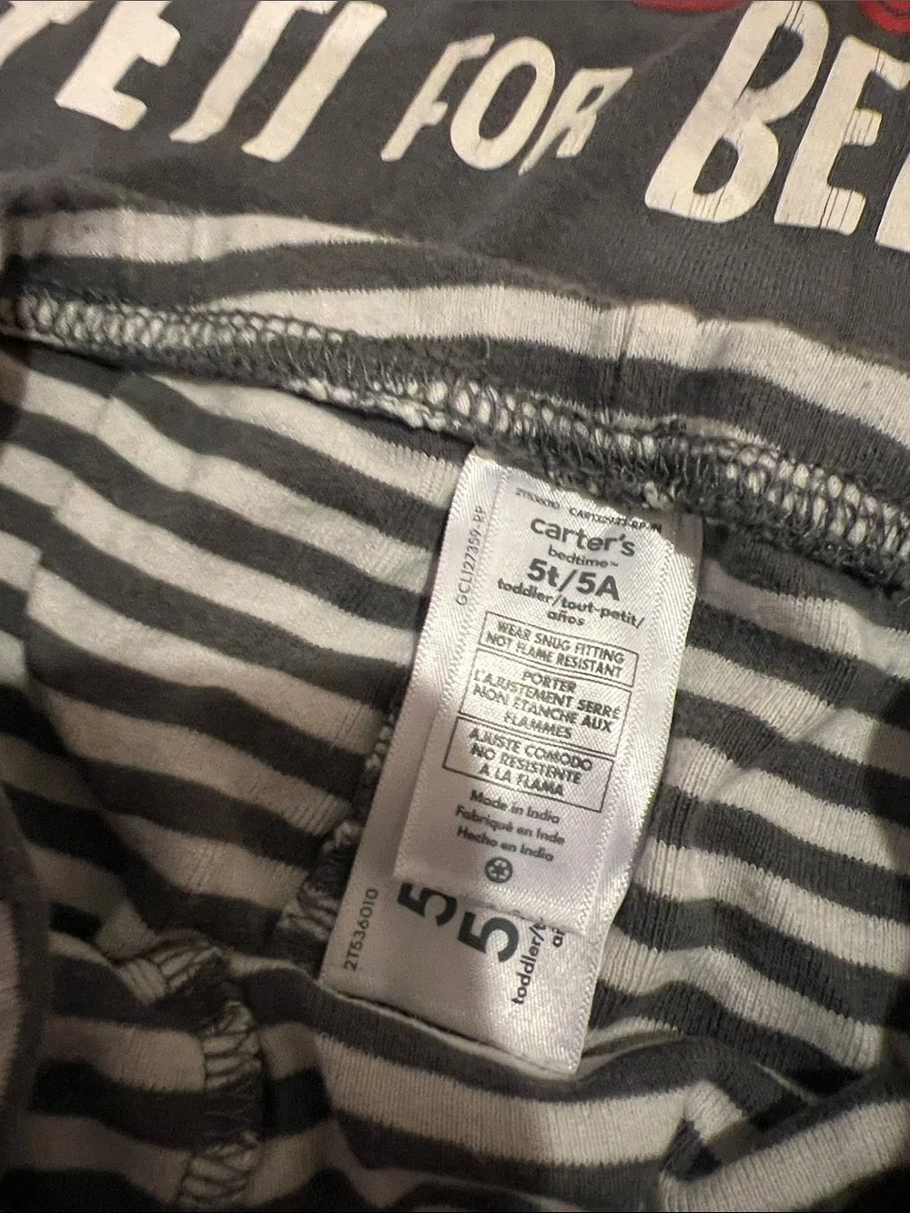 Carter's Black Yeti Pajama Set with White and Black Striped Pants